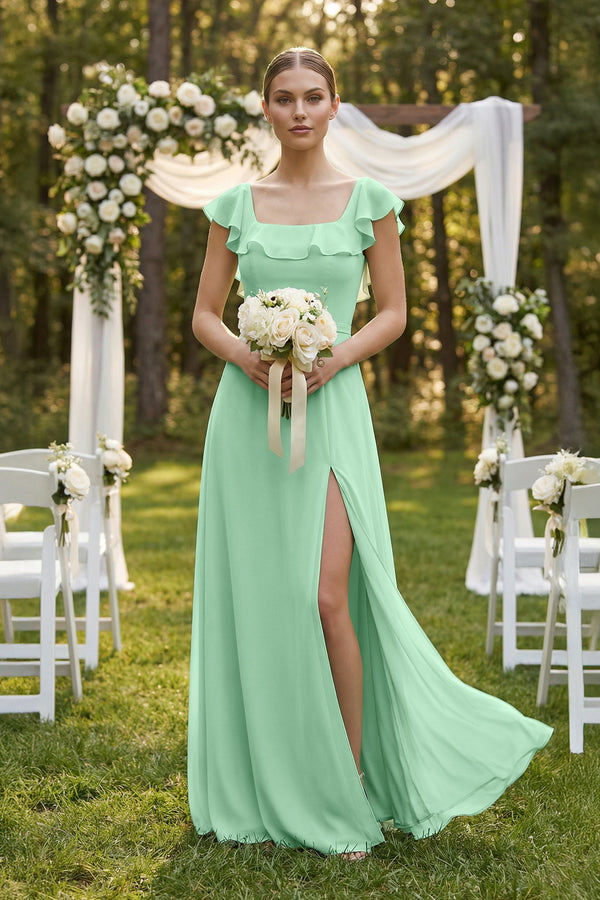 Pale Pistachio Square Neck A-Line Bridesmaid Dress with Ruffles (4) | KISSBRIDAL
