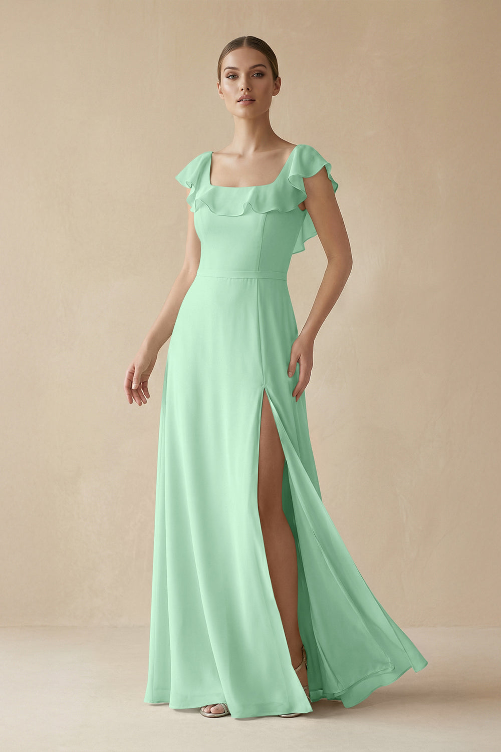 Square Neck A-Line Bridesmaid Dress with Ruffles in Pale Pistachio
