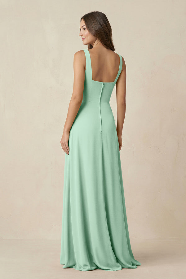 Pale Pistachio Square Neck A-Line Bridesmaid Dress With Slit (2) | KISSBRIDAL