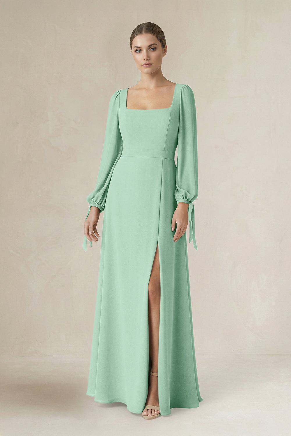 Square Neck Long Sleeve A-Line Chiffon Bridesmaid Dress in Pale Pistachio