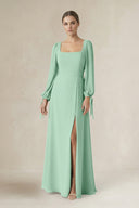 Pale Pistachio Square Neck Long Sleeve A-Line Chiffon Bridesmaid Dress in Pale Pistachio | KISSBRIDAL