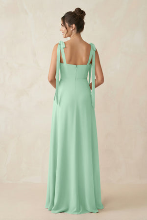 Pale Pistachio Square Neck Sheath Chiffon Bridesmaid Dress with Bow (2) | KISSBRIDAL