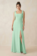 Pale Pistachio Square Neck Sheath Chiffon Bridesmaid Dress with Bow | KISSBRIDAL