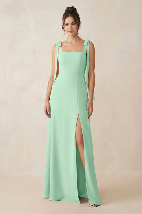Pale Pistachio Square Neck Sheath Chiffon Bridesmaid Dress with Bow | KISSBRIDAL