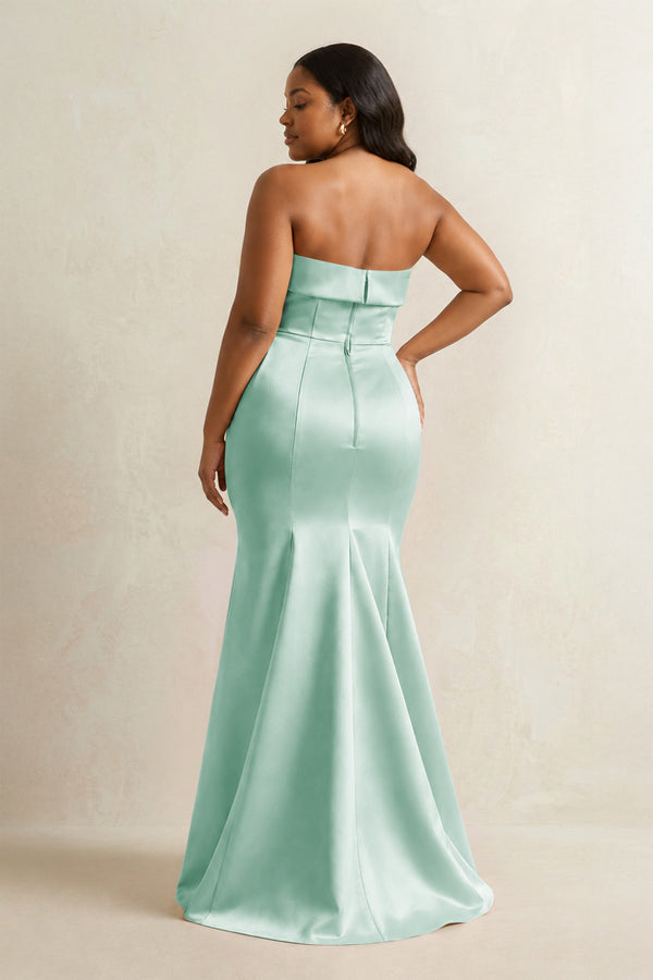 Pale Pistachio Strapless Satin Mermaid Bridesmaid Dress (4) [sizeplus] | KISSBRIDAL