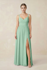 Pale Pistachio Sweetheart A-Line Chiffon Bridesmaid Dress with Slit in Pale Pistachio | KISSBRIDAL