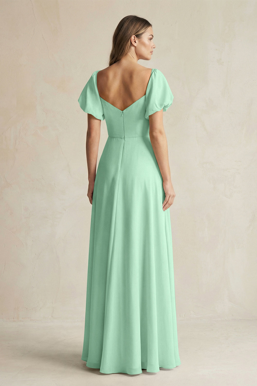 Sweetheart Puff Sleeve A-Line Chiffon Bridesmaid Dress in Pale Pistachio