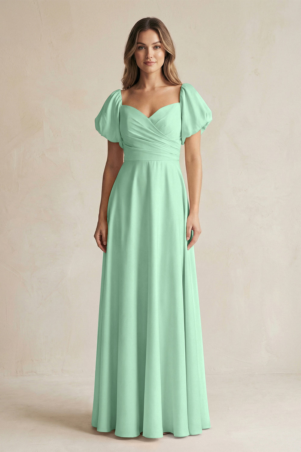 Sweetheart Puff Sleeve A-Line Chiffon Bridesmaid Dress in Pale Pistachio