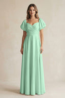 Pale Pistachio Sweetheart Puff Sleeve A-Line Chiffon Bridesmaid Dress | KISSBRIDAL