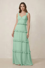 Pale Pistachio Sweetheart Tiered A-Line Chiffon Bridesmaid Dress | KISSBRIDAL
