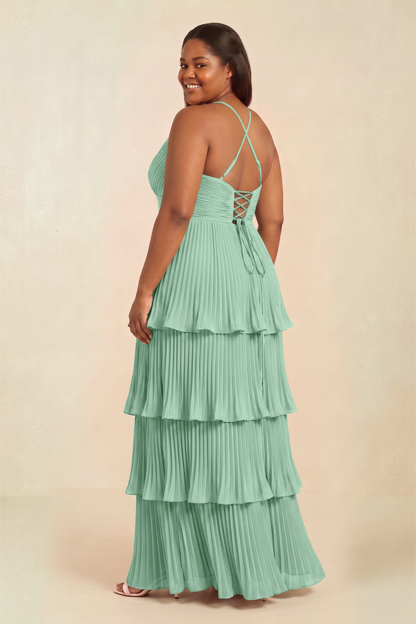 Pale Pistachio Tiered Pleated V-Neck A-Line Chiffon Bridesmaid Dress (2) [sizeplus] | KISSBRIDAL