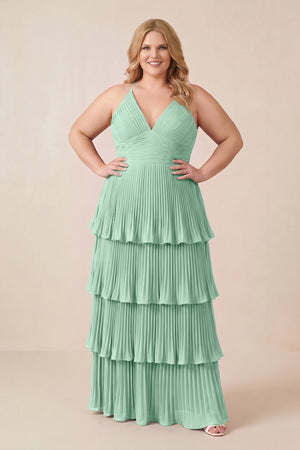 Pale Pistachio Tiered Pleated V-Neck A-Line Chiffon Bridesmaid Dress (3) [sizeplus] | KISSBRIDAL