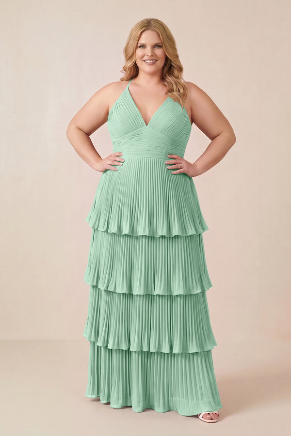 Pale Pistachio Tiered Pleated V-Neck A-Line Chiffon Bridesmaid Dress (3) [sizeplus] | KISSBRIDAL