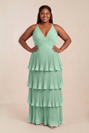 Pale Pistachio Tiered Pleated V-Neck A-Line Chiffon Bridesmaid Dress [sizeplus] | KISSBRIDAL