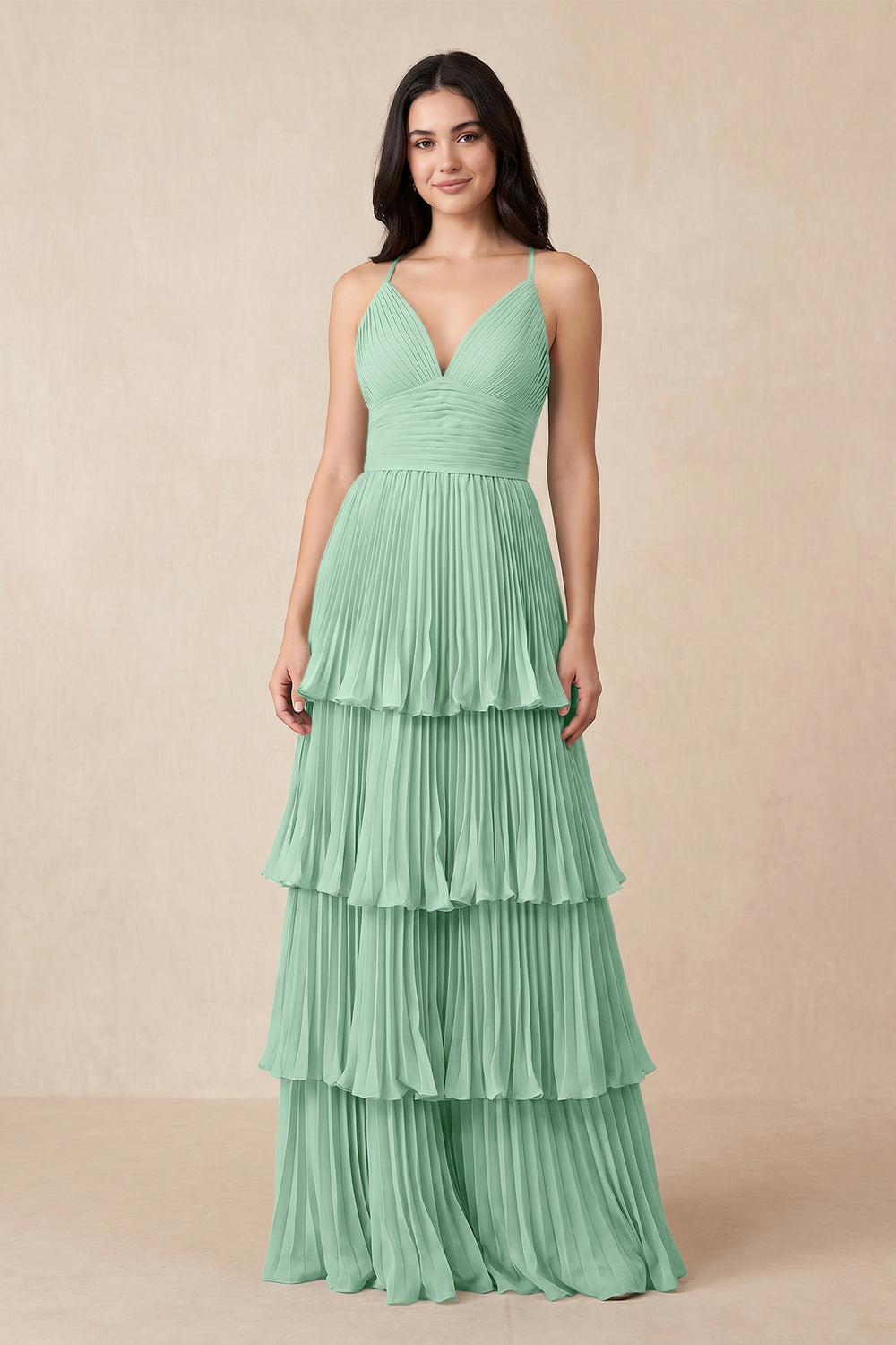 Tiered Pleated V-Neck A-Line Chiffon Bridesmaid Dress in Pale Pistachio