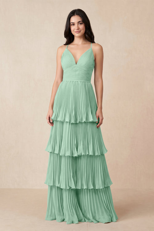 Pale Pistachio Tiered Pleated V-Neck A-Line Chiffon Bridesmaid Dress | KISSBRIDAL