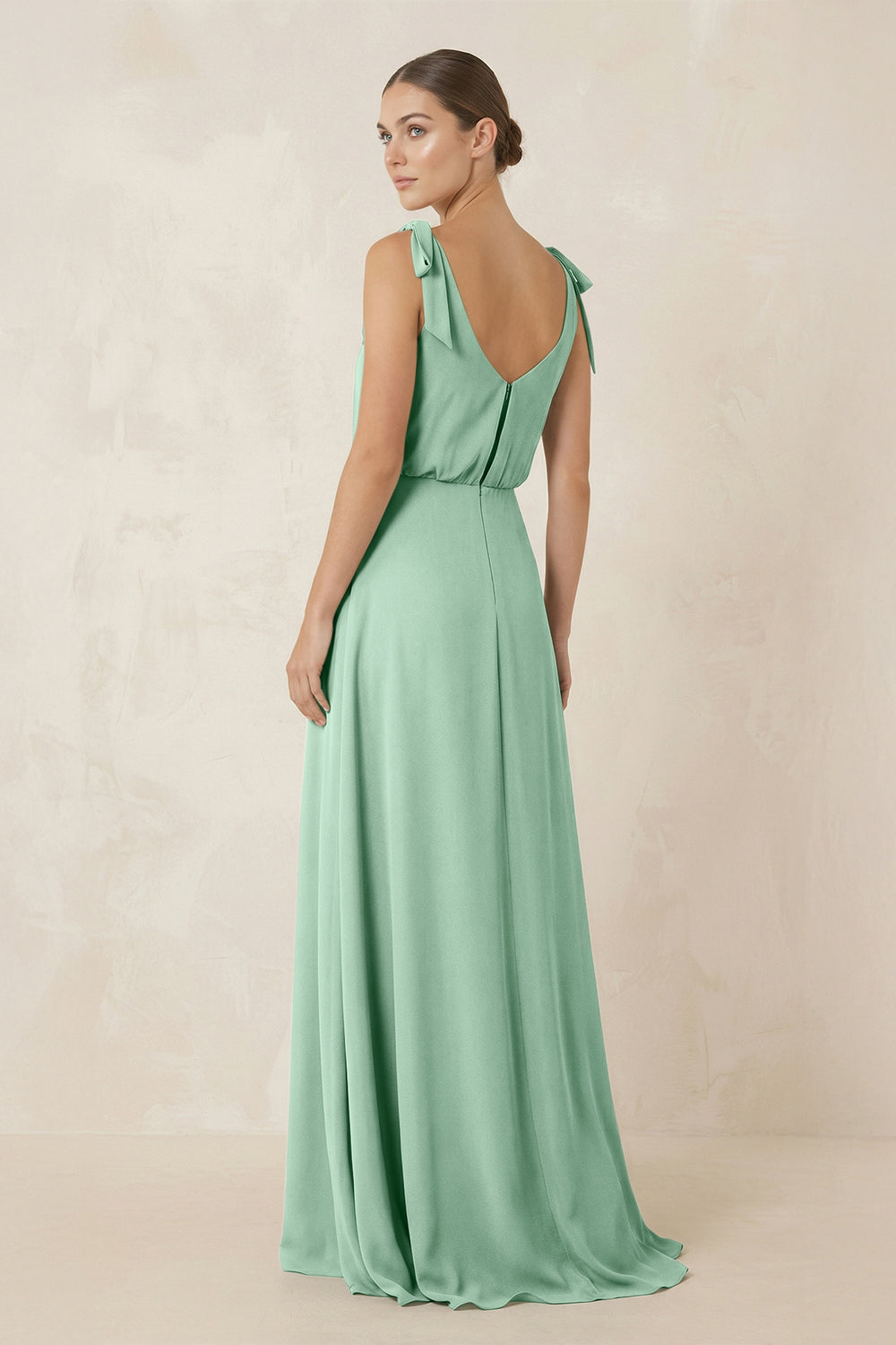 V-Neck A-Line Chiffon Bridesmaid Dress in Pale Pistachio