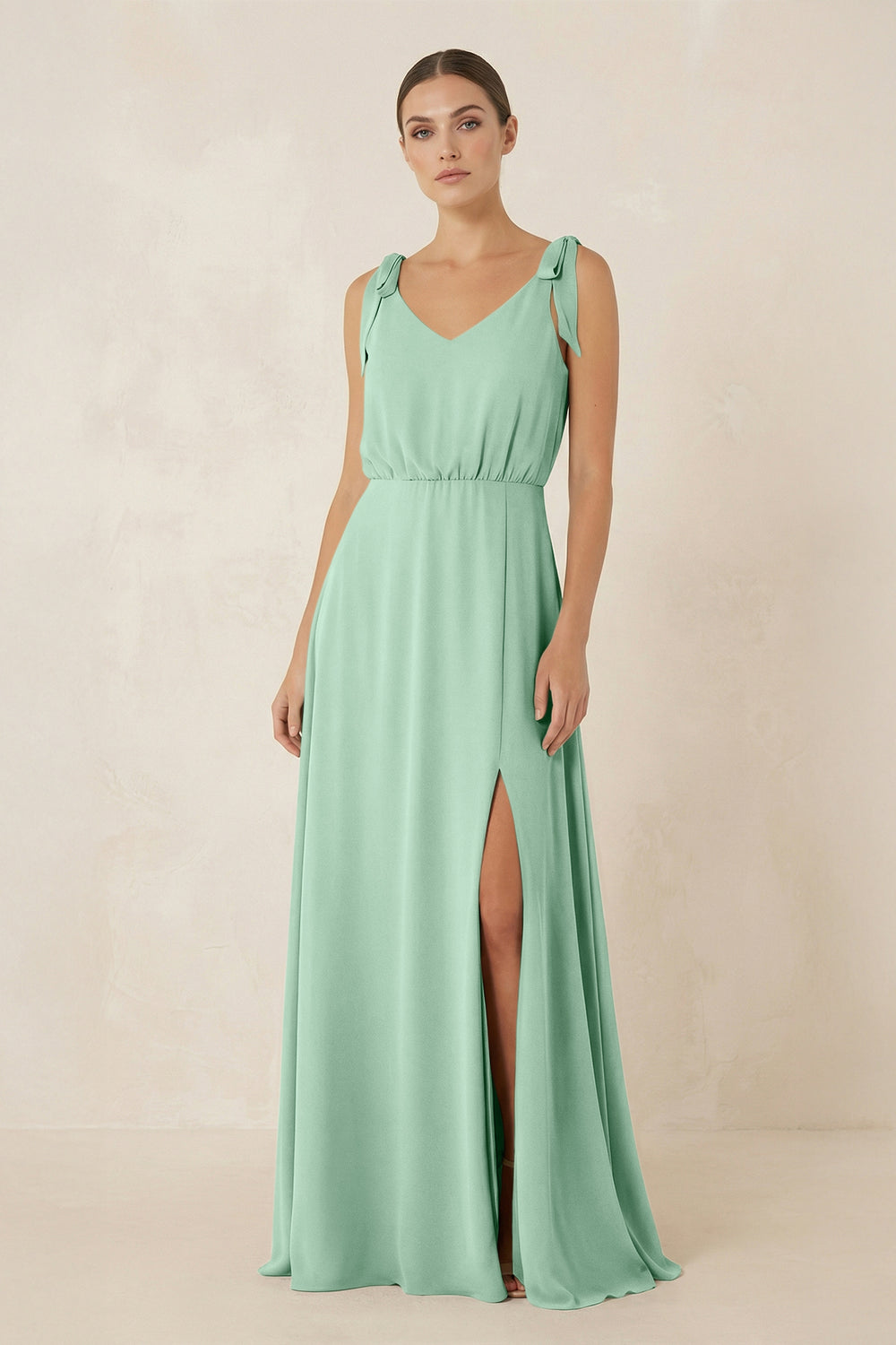 V-Neck A-Line Chiffon Bridesmaid Dress in Pale Pistachio