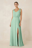 Pale Pistachio V-Neck A-Line Chiffon Bridesmaid Dress | KISSBRIDAL