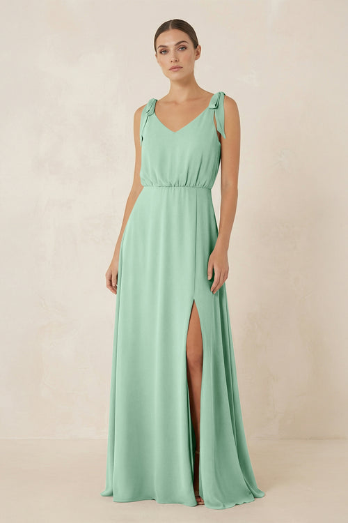 Pale Pistachio V-Neck A-Line Chiffon Bridesmaid Dress | KISSBRIDAL