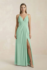 Pale Pistachio V-Neck A-Line Pleated Chiffon Bridesmaid Dress | KISSBRIDAL