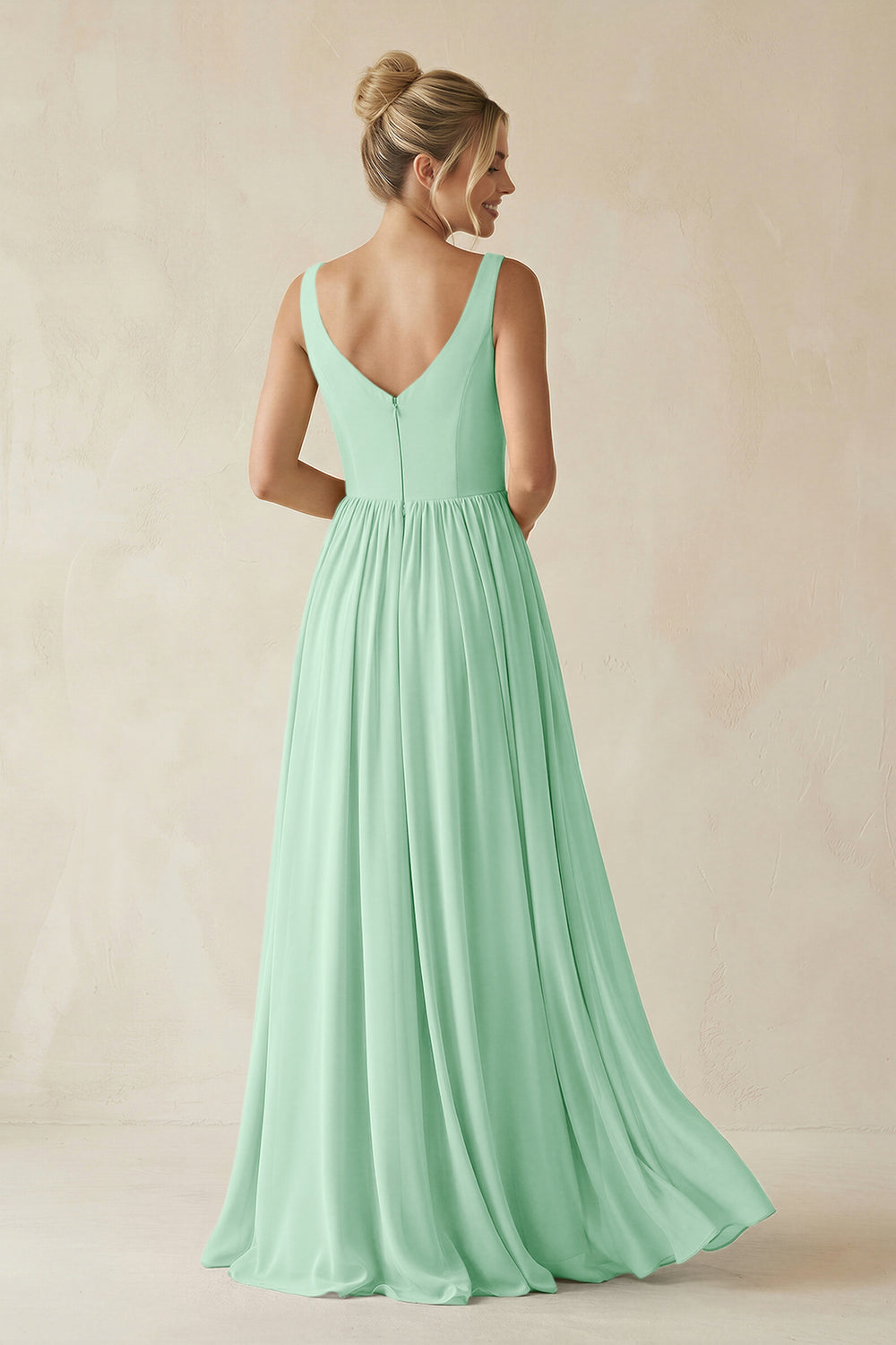 V-Neck Chiffon A-Line Long Bridesmaid Dress in Pale Pistachio
