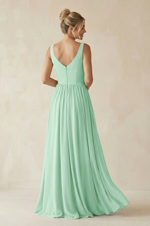 Pale Pistachio V-Neck Chiffon A-Line Long Bridesmaid Dress (2) | KISSBRIDAL