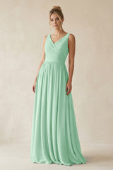 Pale Pistachio V-Neck Chiffon A-Line Long Bridesmaid Dress | KISSBRIDAL