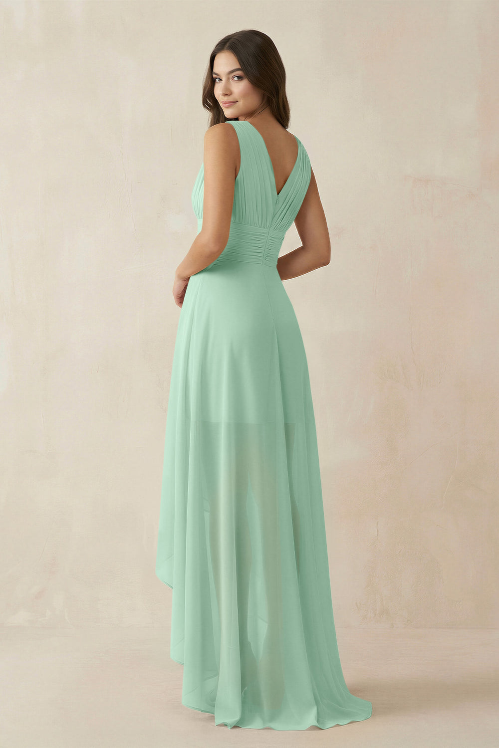 V-Neck High-Low Chiffon Bridesmaid Dress in Pale Pistachio