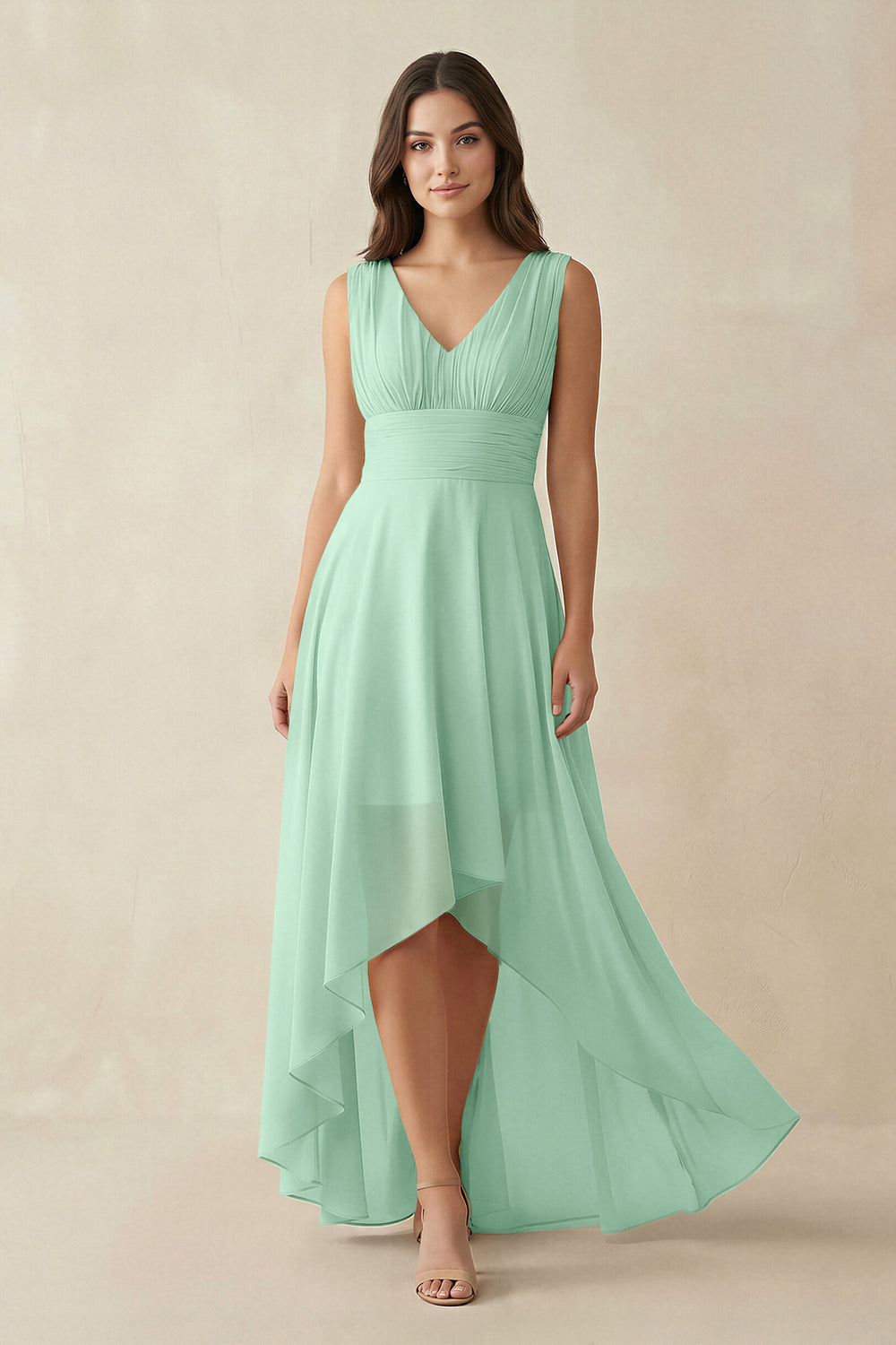 V-Neck High-Low Chiffon Bridesmaid Dress in Pale Pistachio