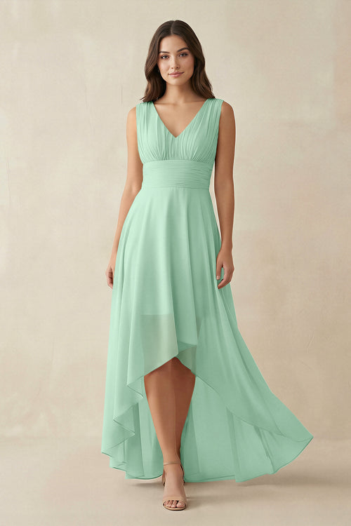 Pale Pistachio V-Neck High-Low Chiffon Bridesmaid Dress | KISSBRIDAL