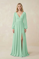 Pale Pistachio V-Neck Long Sleeve A-Line Chiffon Bridesmaid Dress | KISSBRIDAL