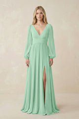 Pale Pistachio V-Neck Long Sleeve A-Line Chiffon Bridesmaid Dress | KISSBRIDAL
