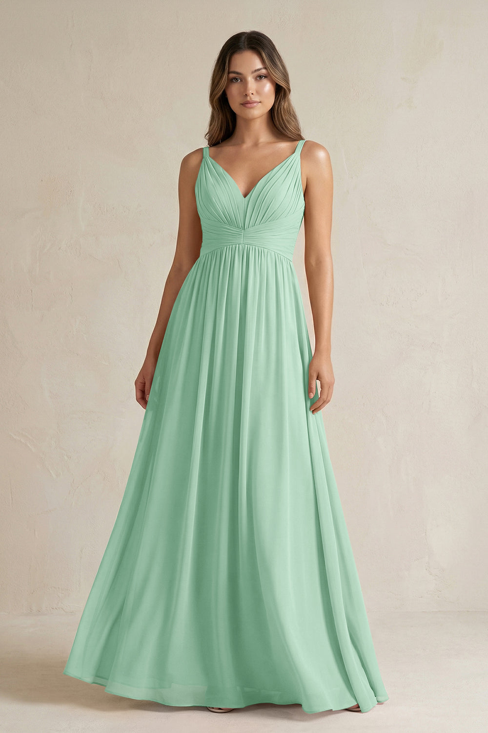 V-Neck Pleated A-Line Chiffon Bridesmaid Dress in Pale Pistachio