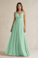 Pale Pistachio V-Neck Pleated A-Line Chiffon Bridesmaid Dress | KISSBRIDAL