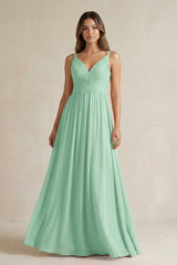 Pale Pistachio V-Neck Pleated A-Line Chiffon Bridesmaid Dress | KISSBRIDAL