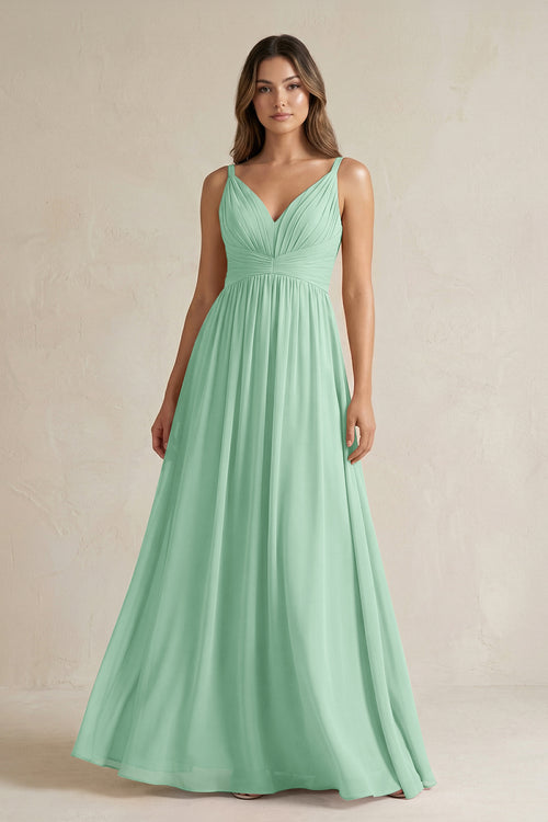 Pale Pistachio V-Neck Pleated A-Line Chiffon Bridesmaid Dress | KISSBRIDAL