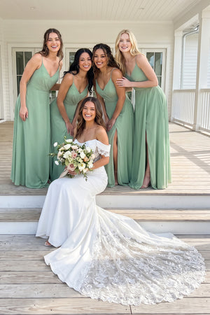 Pale Pistachio V-Neck Ruched Chiffon Bridesmaid Dress with Slit | KISSBRIDAL