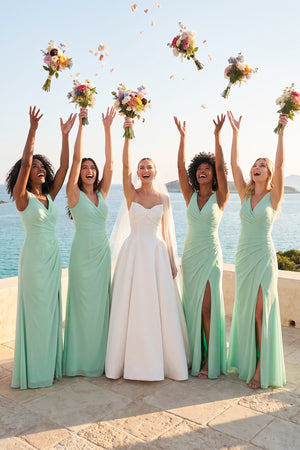 Pale Pistachio V-Neck Ruched Sheath Bridesmaid Dress with Slit | KISSBRIDAL