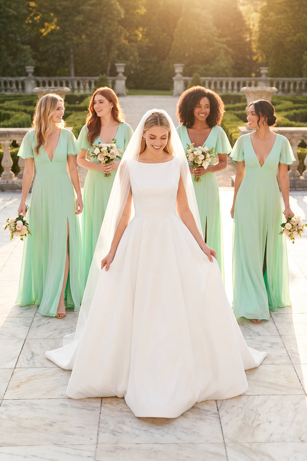 Pale Pistachio V-Neck Ruffled Short Sleeves A-Line Bridesmaid Dress | KISSBRIDAL