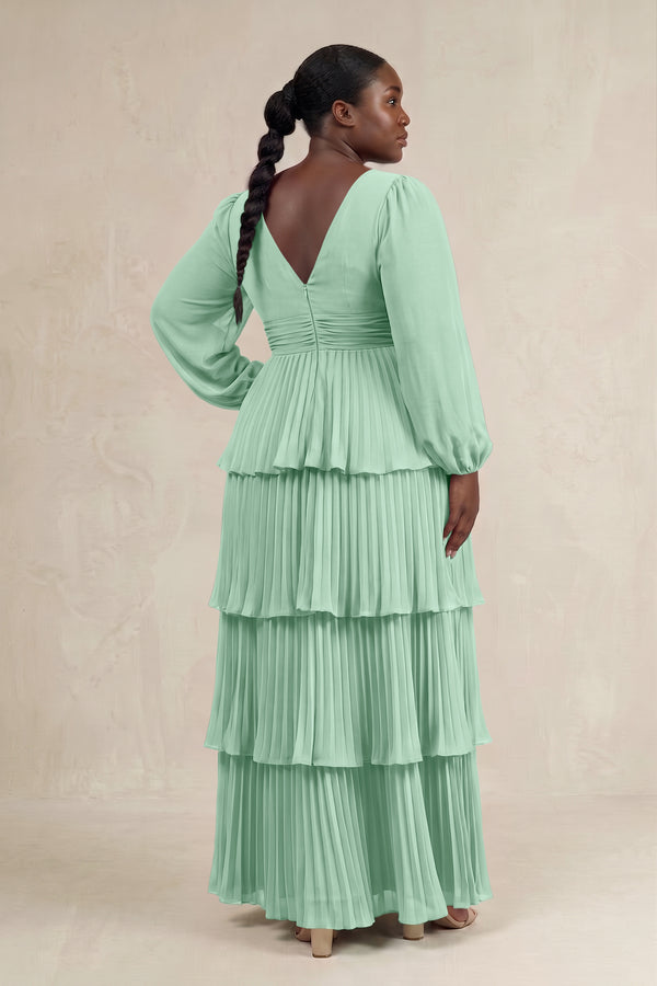 Pale Pistachio V-Neck Tiered A-Line Long Sleeve Bridesmaid Dress (2) [sizeplus] | KISSBRIDAL