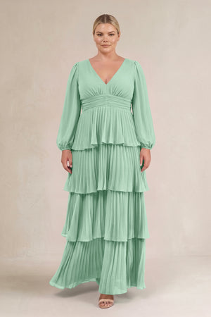 Pale Pistachio V-Neck Tiered A-Line Long Sleeve Bridesmaid Dress (3) [sizeplus] | KISSBRIDAL