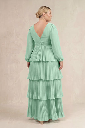Pale Pistachio V-Neck Tiered A-Line Long Sleeve Bridesmaid Dress (4) [sizeplus] | KISSBRIDAL