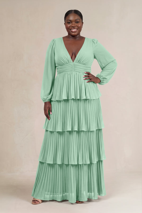 Pale Pistachio V-Neck Tiered A-Line Long Sleeve Bridesmaid Dress [sizeplus] | KISSBRIDAL
