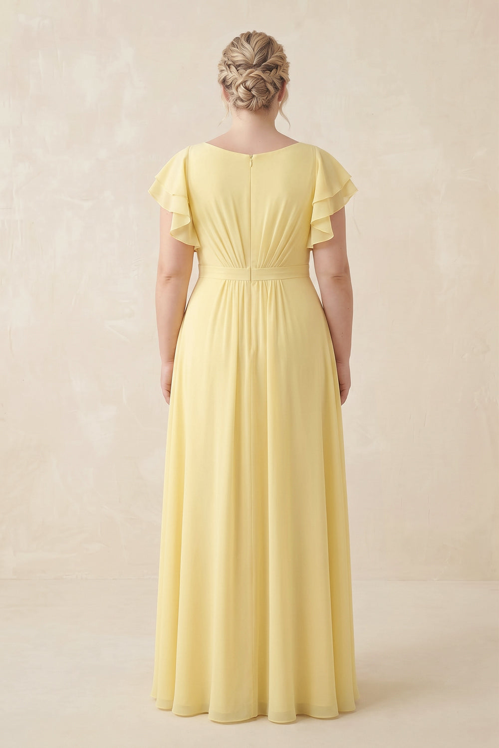 Cap Sleeve Ruffled A-Line Chiffon Bridesmaid Dress in Pastel Yellow