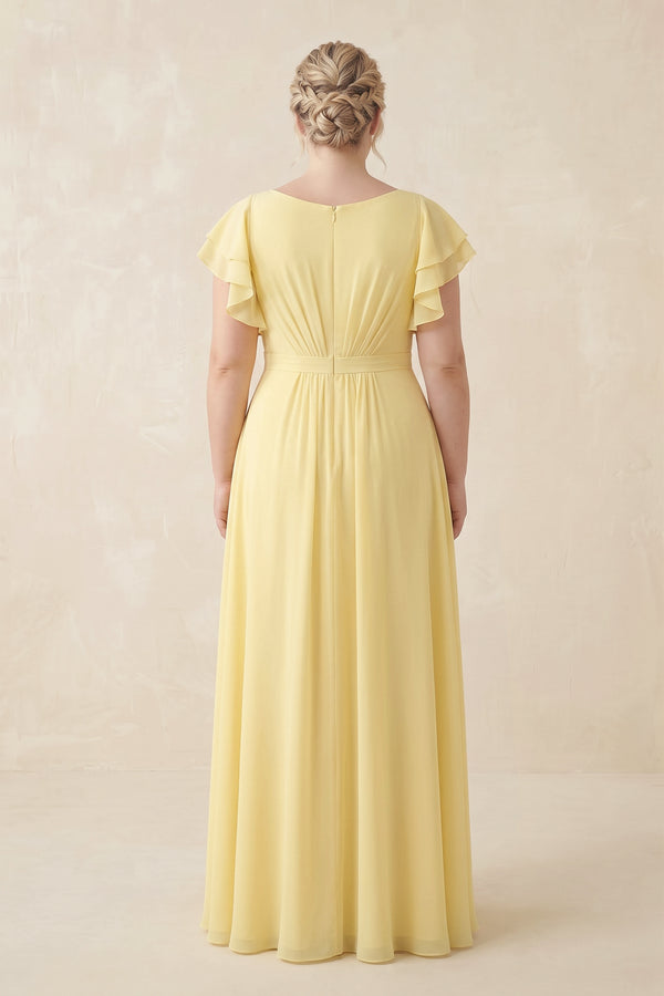 Pastel Yellow Cap Sleeve Ruffled A-Line Chiffon Bridesmaid Dress (2) [sizeplus] | KISSBRIDAL