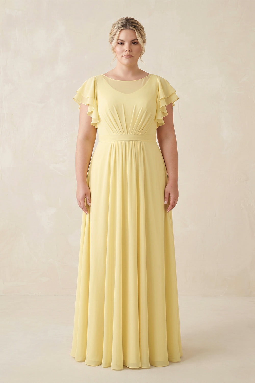 Cap Sleeve Ruffled A-Line Chiffon Bridesmaid Dress in Pastel Yellow