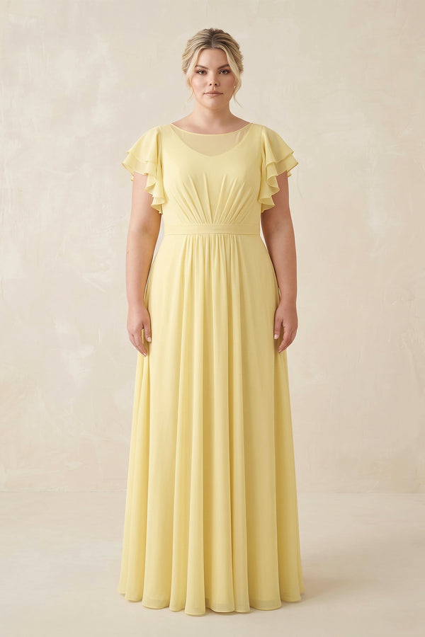 Pastel Yellow Cap Sleeve Ruffled A-Line Chiffon Bridesmaid Dress [sizeplus] | KISSBRIDAL