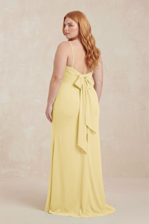 Pastel Yellow Cowl Neck Sheath Chiffon Bridesmaid Dress with Corset (2) | KISSBRIDAL