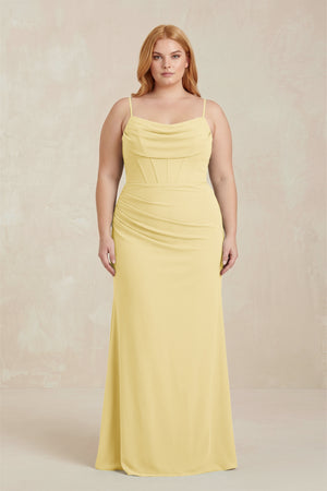 Pastel Yellow Cowl Neck Sheath Chiffon Bridesmaid Dress with Corset | KISSBRIDAL